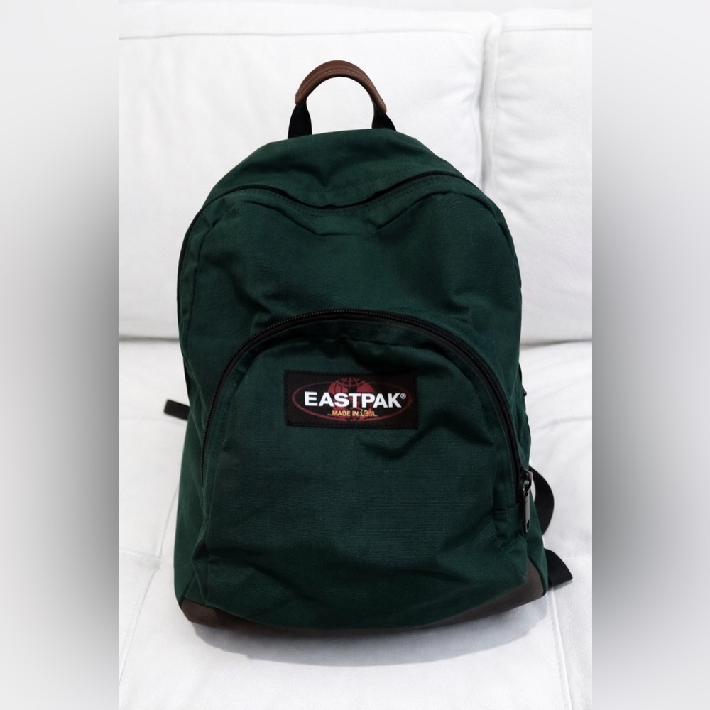 VTG 90s EASTPAK  Leather Bottom Backpack Green Padded Straps Made In USA